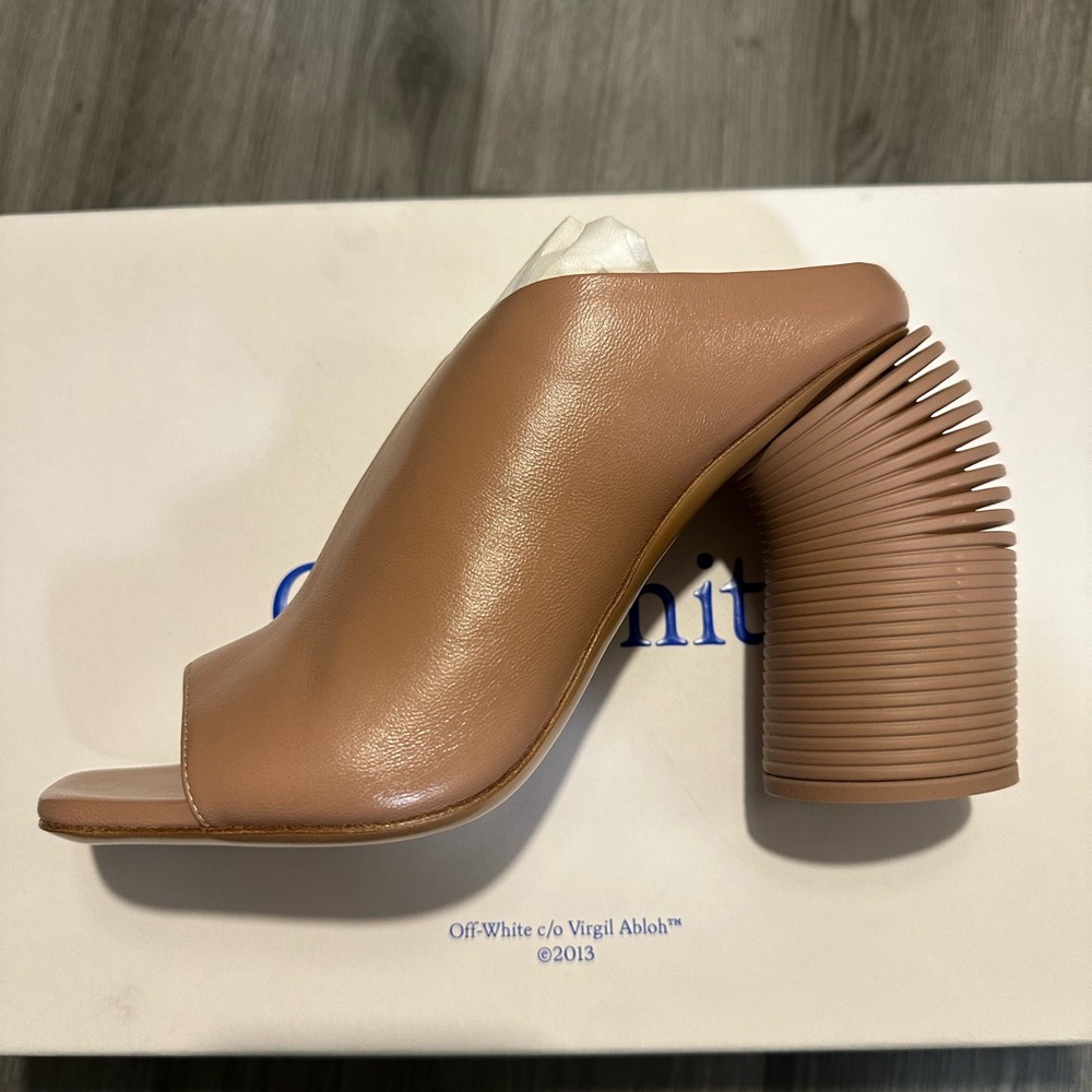 Off-White Women's Brown Leather Mules with Unique Heel